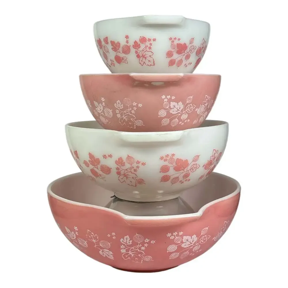 Vtg Set 4 PYREX Gooseberry Cinderella Nesting Mixing Bowls Pink 441 442 443 444